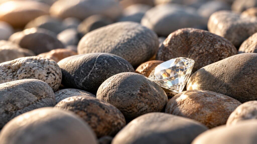 Tra numerosi sassi di fiume dalle tonalità grigie e marroni, un diamante trasparente riflette la luce del sole, distinguendosi per la sua brillantezza.