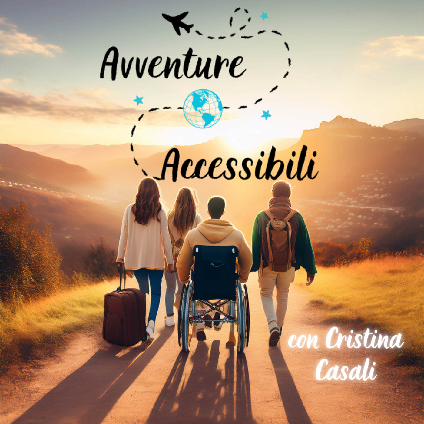 Copertina del podcast Avventure Accessibili con Cristina Casali: quattro viaggiatori, tra cui una persona in sedia a rotelle, avanzano verso un paesaggio al tramonto